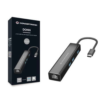 Conceptronic DONN07B Gigabit USB3.2 Gen 1 network adapter with USB HUB fekete Conceptronic DONN07B Gigabit USB3.2 Gen 1 network adapter with USB HUB fekete