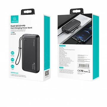 USAMS 20KCD16801 20 000 mAh powerbank – USB, fekete