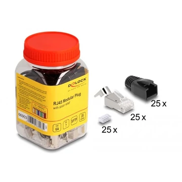 Delock RJ45 moduláris csatlakozó feszültség mentesítővel Cat.6A, Cat.7 és hajlítás védővel 25 db (66903) Delock RJ45 moduláris csatlakozó feszültség mentesítővel Cat.6A, Cat.7 és hajlítás védővel 25 db (66903)