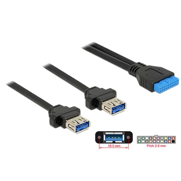 Delock USB 3.0-s csatlakozóhüvellyel ellátott kábel, 2,00 mm, 19 tűs > 2 x USB 3.0 A csatlakozó (85244) Delock USB 3.0-s csatlakozóhüvellyel ellátott kábel, 2,00 mm, 19 tűs > 2 x USB 3.0 A csatlakozó (85244)
