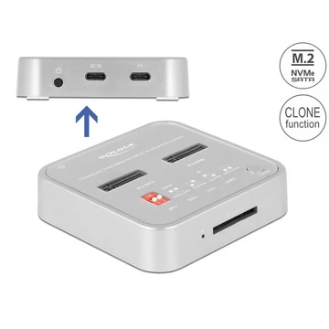Delock Dokkoló állomás 1 xM.2 NVMe SSD + 1 xM.2 SATA SSD számára SD Express (SD 7.1) kártyaolvasó (64138) Delock Dokkoló állomás 1 xM.2 NVMe SSD + 1 xM.2 SATA SSD számára SD Express (SD 7.1) kártyaolvasó (64138)