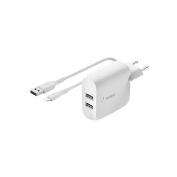 Belkin BoostCharge Dual USB-A Wall Charger 24W + Lightning to USB-A Cable White Belkin BoostCharge Dual USB-A Wall Charger 24W + Lightning to USB-A Cable White