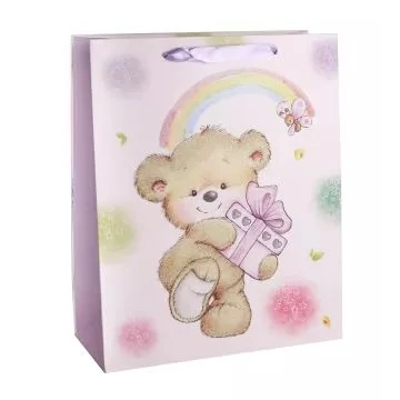 Maci ajándékkal glitteres ajándékzacskó - 18 x 23 cm