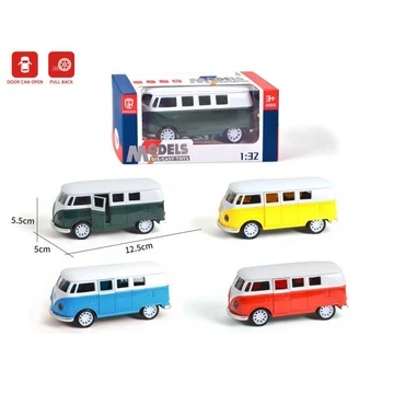 Fém busz, VW, hátrahúzós, ajtónyitós, 3 szín, 13 cm, 16x7 cm dob.