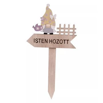 Földbe szúrható fa dekoráció „Isten hozott" felirattal és manó figurával