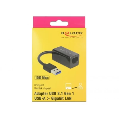 Kép 3/3 - DeLock SuperSpeed USB3.2 Type-A male > Gigabit LAN 10/100/1000 Mbps compact adapter fekete