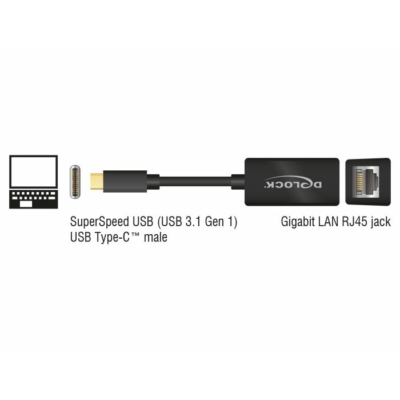 Kép 2/3 - DeLock SuperSpeed USB (USB 3.1 Gen 1) with USB Type-C™ male > Gigabit LAN 10/100/1000 Mbps compact fekete