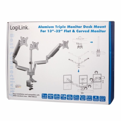 Kép 7/8 - Logilink BP0052 Triple Alumium Monitor Desk Mount Tilt Silver