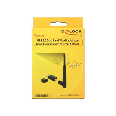 Kép 3/3 - DeLock USB 2.0 Dual Band WLAN ac/a/b/g/n Stick 433 Mbps külső antennával