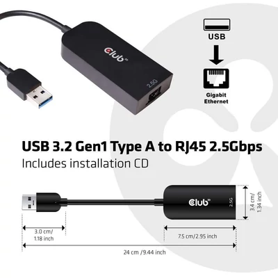 Kép 3/3 - Club3D USB 3.2 Gen1 Type A to RJ 45 2.5 Gbps adapter