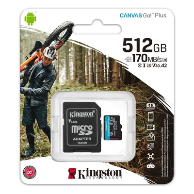 Kép 3/3 - Kingston 512GB microSDXC Canvas Go! Plus Class 10 170R A2 U3 V30 Card + adapterrel