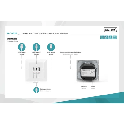 Kép 6/7 - Digitus DA-70618 csatlakozóaljzat 2 x USB A + 1 x USB C White