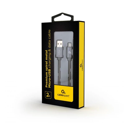 Kép 2/2 - Gembird CC-USB2S-AMmBM-2M-BG microUSB Premium spiral metal charging and data cable 2m Metallic Grey