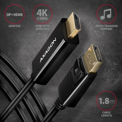 Kép 2/7 - AXAGON RVD-HI14C2 DisplayPort to HDMI active cable 4K@30Hz 1,8m Black