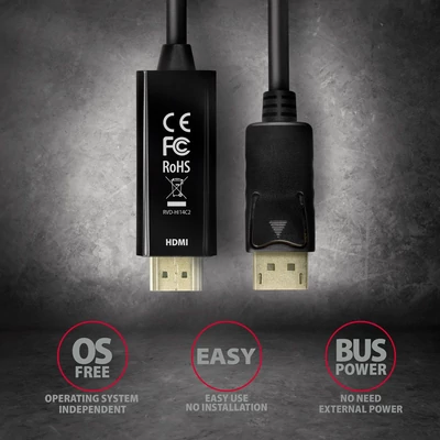 Kép 5/7 - AXAGON RVD-HI14C2 DisplayPort to HDMI active cable 4K@30Hz 1,8m Black