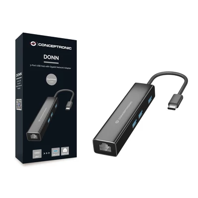 Conceptronic DONN07B Gigabit USB3.2 Gen 1 network adapter with USB HUB fekete