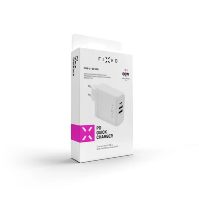 Kép 3/4 - FIXED gyorstöltő 1db USB-C és 2db USB port, PD támogatás, 60W, fehér
