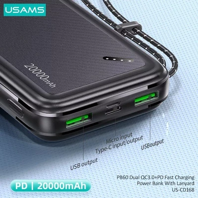 Kép 2/3 - Usams 20KCD16801 20000 mAh PowerBank Black
