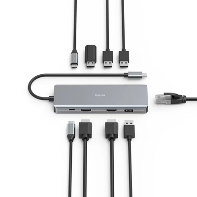 Kép 2/2 - Hama FIC USB 3.1 TYPE-C,9IN1 DOKK. ADAPTER(4xUSB3.1, 2xHDMI, LAN, USB-C, PD) Grey