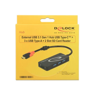 Kép 3/3 - DeLock External USB 3.1 Gen 1 Hub USB Type-C > 3xUSB Type-A + 2Slot SD Card Reader Black