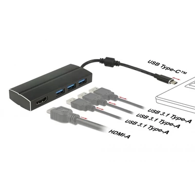 Kép 2/3 - DeLock USB 3.1 Gen 1 Adapter USB Type-C to 3xUSB 3.0 Type-A Hub + 1x HDMI (DP Alt Mode) 4K 30 Hz