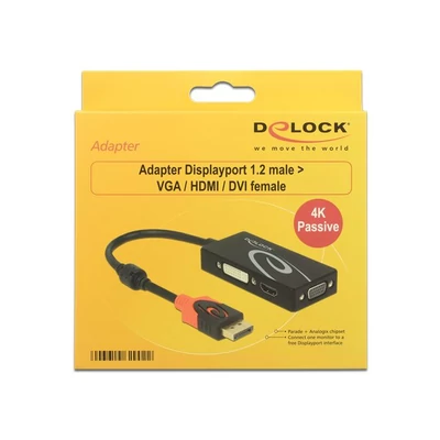 Kép 3/3 - DeLock DisplayPort 1.2 male > VGA / HDMI / DVI-D (Single Link) female 4K Passive adapter Black