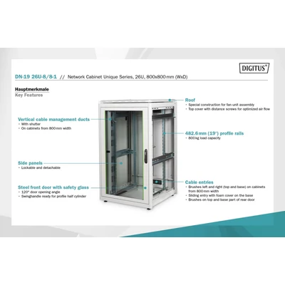Kép 7/8 - Digitus DN-19 26U-8/8-1 szabadon álló rackszekrény szürke