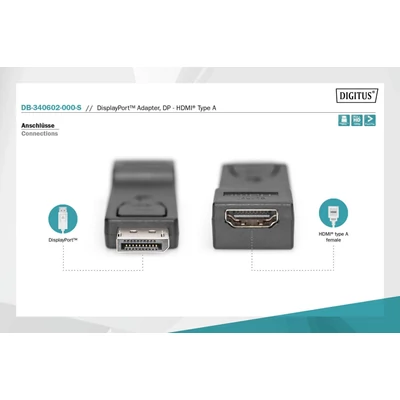 Kép 8/8 - Digitus DisplayPort adapter, DP - HDMI type A Black