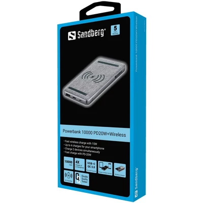Kép 2/2 - Sandberg 10000 PD20W Wireless 10000mAh PowerBank Grey