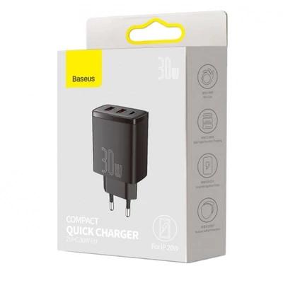 Kép 5/5 - Baseus 2xUSB-A +USB-C PD 30W Quick Charger Black