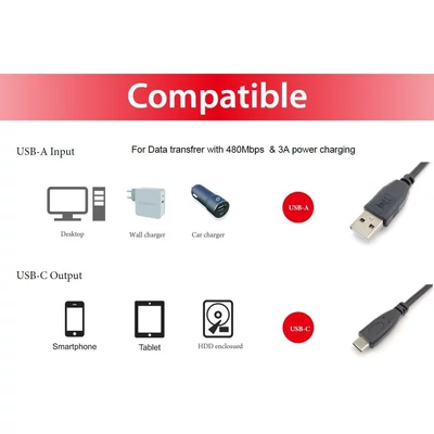 Kép 7/8 - EQuip USB-C 2.0 to USB-A cable 3m Black