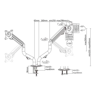 Kép 2/3 - Gembird MA-DA2-02 Adjustable Tilting Desk 2-Display Mounting Arm 17”-32” Black