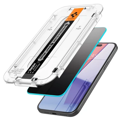 Kép 2/7 - Spigen iPhone 15 Screen Protector EZ FIT GLAS.tR Privacy Transparency (2 Pack)