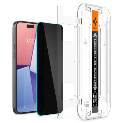 Kép 7/7 - Spigen iPhone 15 Screen Protector EZ FIT GLAS.tR Privacy Transparency (2 Pack)