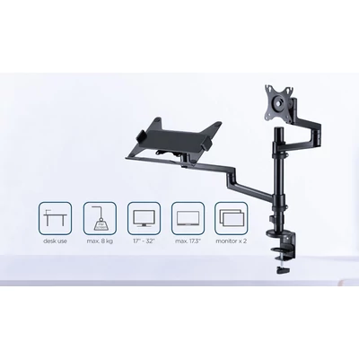 Kép 6/8 - Gembird MA-DA-04 Desk mounted adjustable monitor arm with notebook tray 17"-32" Black