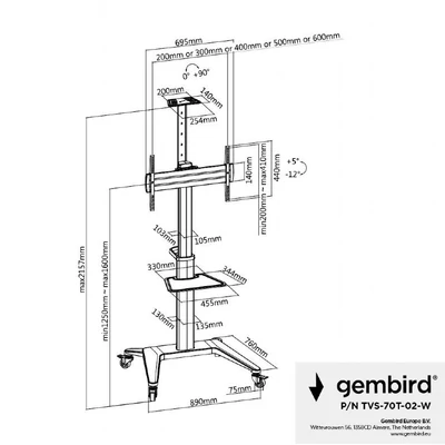 Kép 10/10 - Gembird TVS-70T-02-W Aluminum TV floor stand with caster wheels 37"-70" White