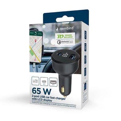 Kép 8/8 - Gembird 2-Port USB Car Fast Charger Type-C PD LCD 65W Black