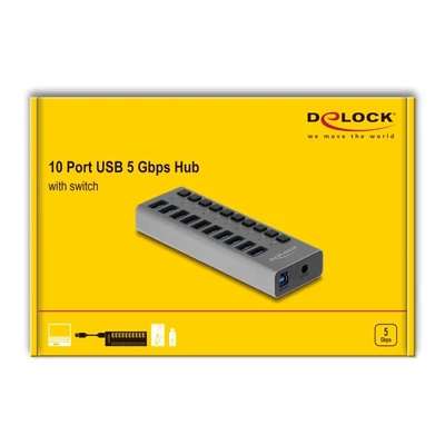 Kép 4/4 - Delock SuperSpeed USB hub 10db USB 3.0 csatlakozóval és kapcsolóval (63670)