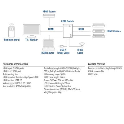 Kép 4/7 - ACT AC7841 4K HDMI Switch 5 in 1 out