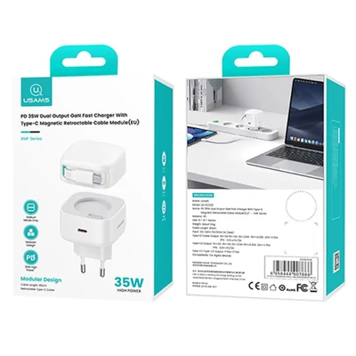 Kép 2/2 - Usams CC202TC02 Hálózati töltő 1xUSB-C aljzattal + USB-C kábel 35W GaN White