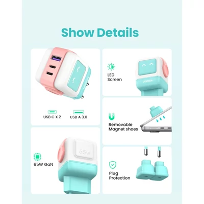 Kép 3/4 - UGREEN Uni Charger 65W Pink/Blue