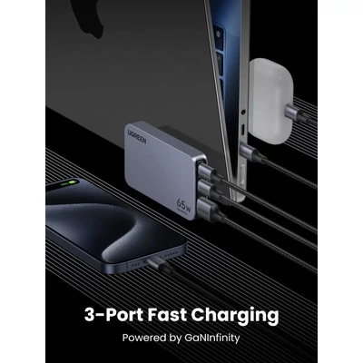 Kép 2/8 - UGREEN Nexode Pro 65W 3-Port GaN Ultra-Slim Fast Charger Grey