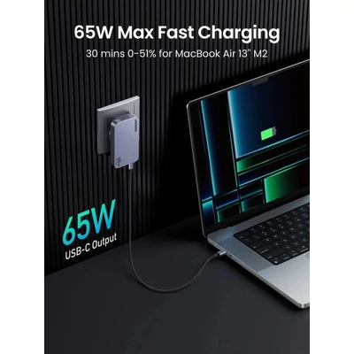 Kép 3/8 - UGREEN Nexode Pro 65W 3-Port GaN Ultra-Slim Fast Charger Grey