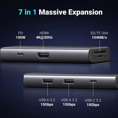 Kép 2/8 - UGREEN Revodok Pro 107 USB-C Hub 7-in-1 10Gbps USB C 3.2 & 2 USB-A 3.2 4K HDMI Grey