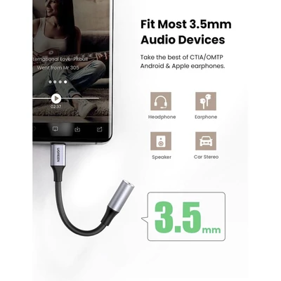 Kép 3/4 - UGREEN USB-C to 3.5mm Jack Audio Cable 10cm Black