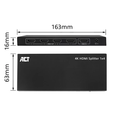 Kép 9/10 - ACT AC7832 4K HDMI Splitter 1 in 4 out EDID support Black