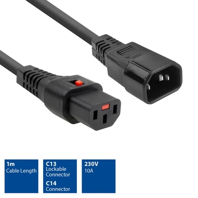 Kép 2/6 - ACT AK5033 Powercord C13 IEC Lock - C14 1m Black