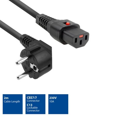 Kép 2/6 - ACT AK5040 Powercord Schuko CEE 7/7 male (angled) - C13 IEC Lock 2m Black