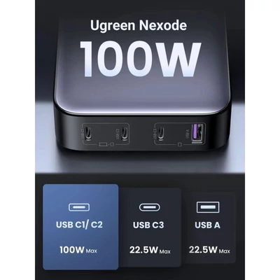 Kép 2/5 - UGREEN Nexode 1*USB-A + 3*USB-C 100W Desktop Fast Charger Grey