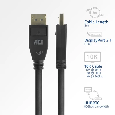 Kép 2/8 - ACT DisplayPort 2.1 cable 8K male to male 2m Black